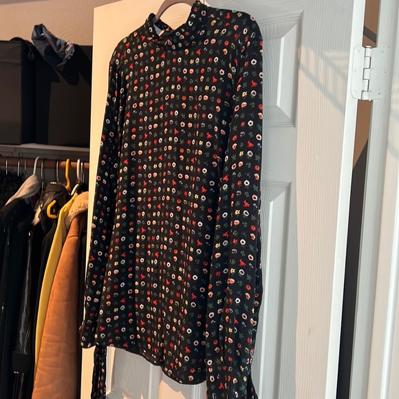 Equipment France Aurora multi floral black silk blouse mock neck bow top XL - Picture 2 of 10